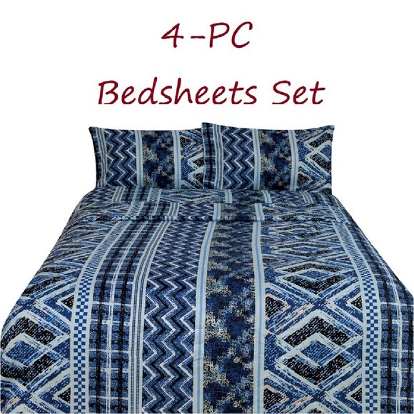Geometric Print Bed Sheets Set 4-pc Blue Full Queen King sizes - Picture 1 of 1